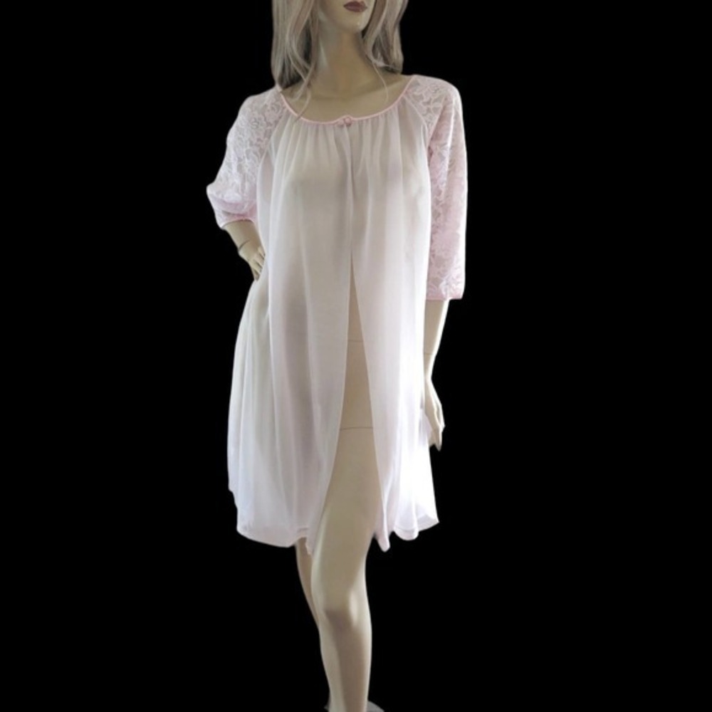 60s Pink Chiffon Peignoir M NWT Angelic Coquette Dollette Retro Glam Duster Gaze